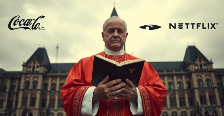 Katolicki biskup w tradycyjnych szatach liturgicznych stoi przed kanadyjskim parlamentem, trzymając zamkniętą Biblię, symbolizując upadek moralny władzy. Na tle widoczne są cienie korporacyjnych logo, ukazujące konflikt interesów.