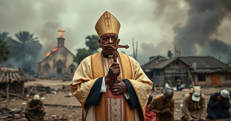 Katolicki biskup w tradycyjnych habitach stoi przed zrujnowaną nigeryjską wsią z krzyżem w ręku.