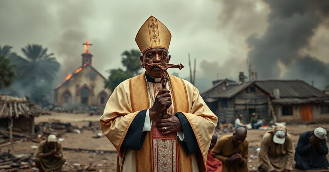 Prześladowanie chrześcijan w Nigerii - Katolicki punkt widzenia Katolicki biskup w tradycyjnych habitach stoi przed zrujnowaną nigeryjską wsią z krzyżem w ręku.