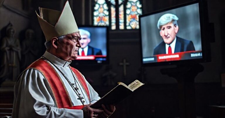 Biskup katolicki w tradycyjnych szatach liturgicznych patrzy z oburzeniem na telewizyjny ekran z manipulowanymi materiałami BBC o Donalda Trumpa.