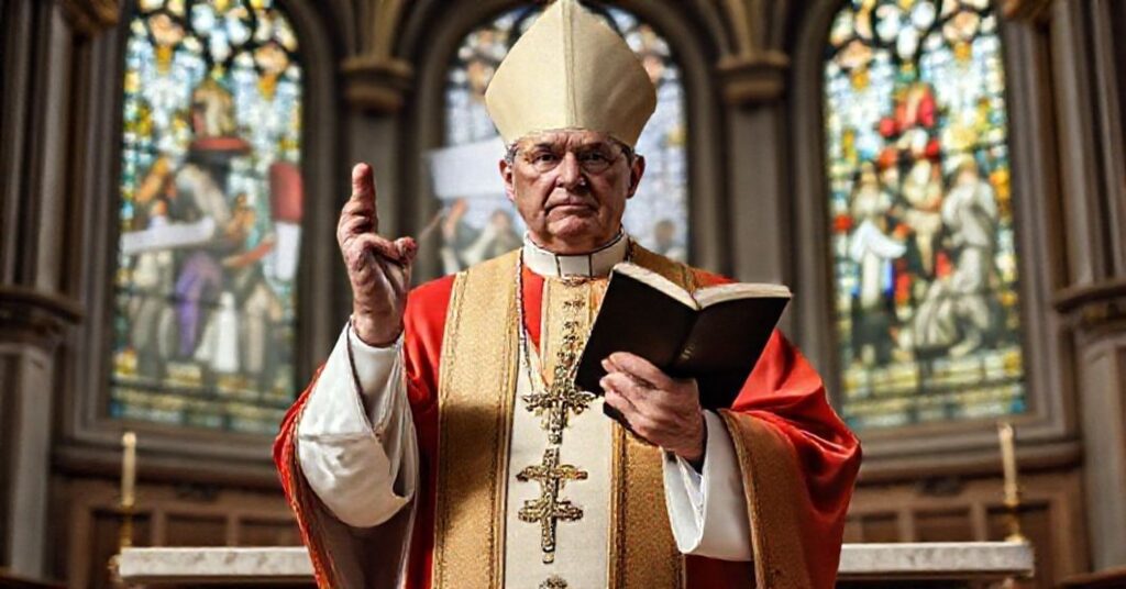 Biskup w tradycyjnych szatach kościelnych stojący przed ołtarzem z Biblią w ręku, ostrzegający przed ideologią genderową.