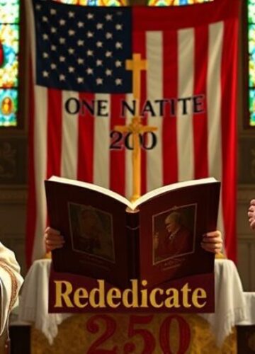 Biskup katolicki oponujący modernizmowi podczas wydarzenia 'Rededicate 250' Biskup katolicki w tradycyjnych szatach liturgicznych stojący przed ołtarzem kościoła w USA, z Marco Rubiem i Franklinem Grahammem w tle podczas wydarzenia 'Rededicate 250'.