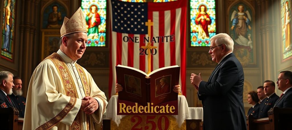 Biskup katolicki w tradycyjnych szatach liturgicznych stojący przed ołtarzem kościoła w USA, z Marco Rubiem i Franklinem Grahammem w tle podczas wydarzenia 'Rededicate 250'.