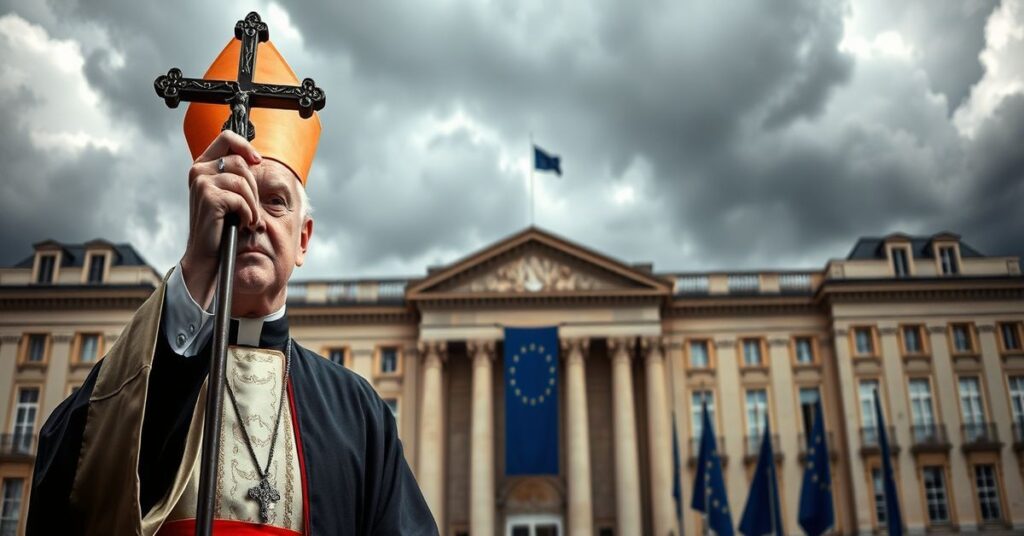 Katolicki biskup w tradycyjnych szatach stoi przed budynkiem Unii Europejskiej, trzymając krzyż. Symbolizuje opór przeciwko cenzurze DSA.