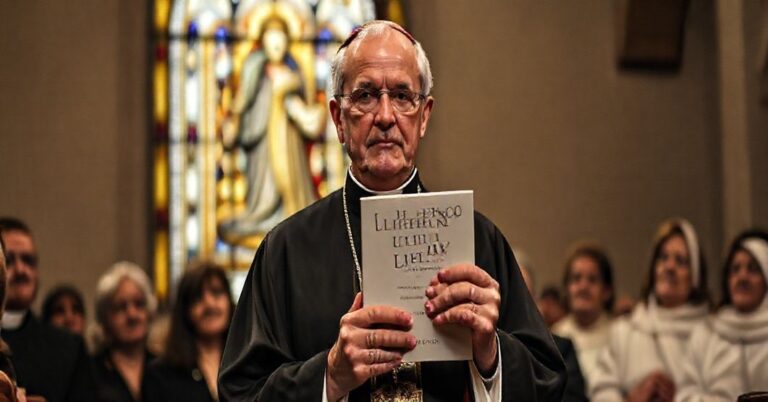 Biskup katolicki w tradycyjnym ornacie liturgicznym trzyma książkę 'Listening to the Law' Amy Coney Barrett na tle witrażu przedstawiającego Matkę Boską chroniącą nienarodzone dzieci.