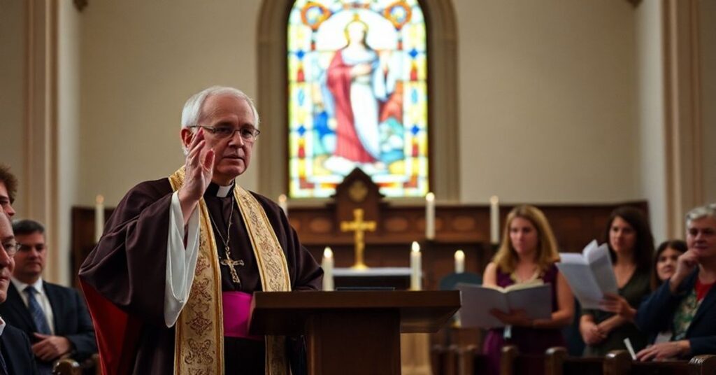Biskup katolicki w tradycyjnych szatach stoi przed amboną w kościele, przemawiając do zaniepokojonej zgromadzonej wspólnoty. W tle witraż przedstawiający Chrystusa-Króla i delikatne świetlne promienie świec oświetlają poważne twarze Agnieszki Dziemianowicz-Bąk i przedstawicieli WiEż.pl.