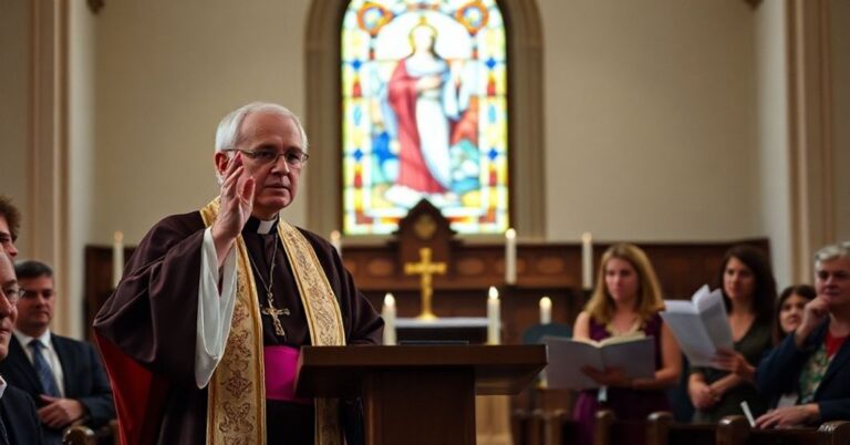 Biskup katolicki w tradycyjnych szatach stoi przed amboną w kościele, przemawiając do zaniepokojonej zgromadzonej wspólnoty. W tle witraż przedstawiający Chrystusa-Króla i delikatne świetlne promienie świec oświetlają poważne twarze Agnieszki Dziemianowicz-Bąk i przedstawicieli WiEż.pl.