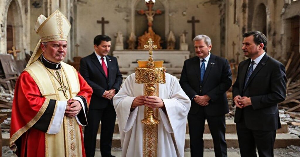 Biskup katolicki w ornaty trzyma monstrancję przed zniszczonym kościołem na Ukrainie podczas negocjacji pokojowych