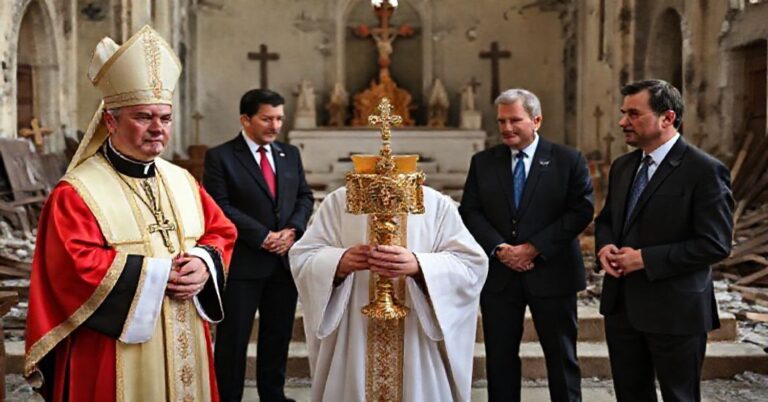 Biskup katolicki w ornaty trzyma monstrancję przed zniszczonym kościołem na Ukrainie podczas negocjacji pokojowych