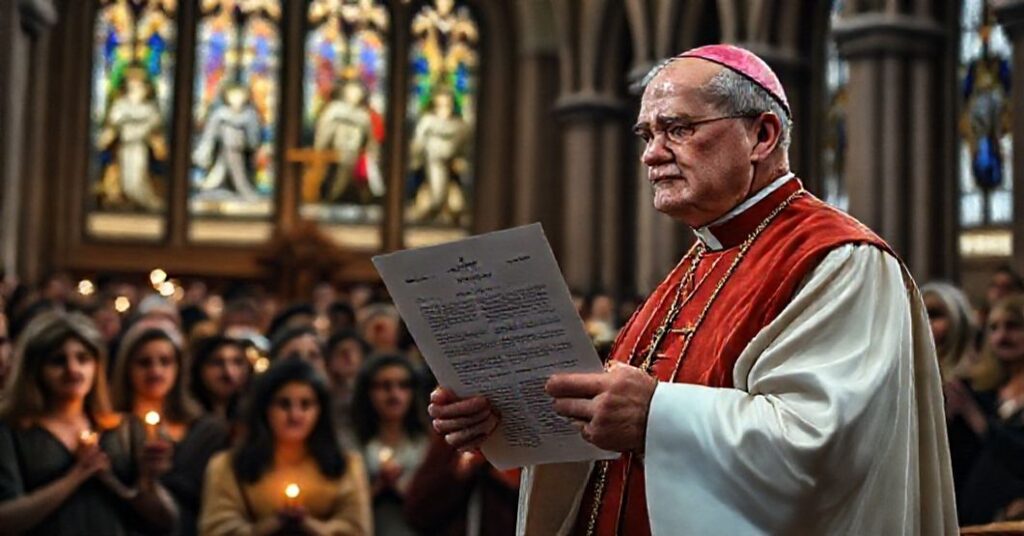 Kardynał w tradycyjnym stroju liturgicznym stoi przed grupą wiernych w katedrze, trzymając dokument zakazujący procedur potwierdzających płeć w katolickich placówkach zdrowia.