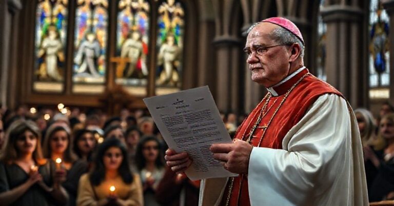 Kardynał w tradycyjnym stroju liturgicznym stoi przed grupą wiernych w katedrze, trzymając dokument zakazujący procedur potwierdzających płeć w katolickich placówkach zdrowia.