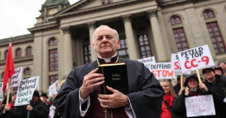 Biskup w tradycyjnych szatach kościelnych przed budynkiem Parlamentu Kanady z Biblią w ręku, na tle protestujących przeciw ustawie C-9.