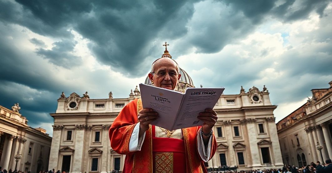 Biskup katolicki w tradycyjnym stroju przed Bazyliką Świętego Piotra trzyma modlitewnik i patrzy smutnie na dokument EU o strategii LGBT.