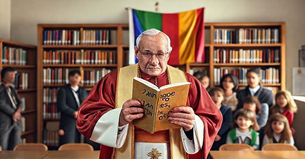 Kardynał w tradycyjnej szacie stojący przed szkołą z książką "I Tango Makes Three", otoczony niepokojącymi rodzicami.