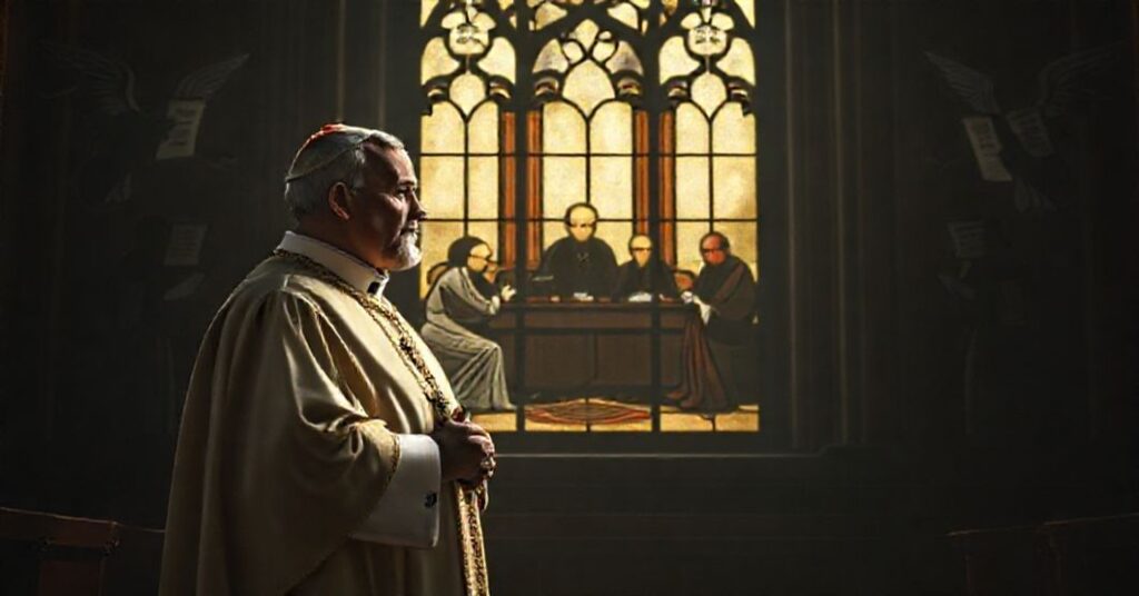 Biskup katolicki w tradycyjnych szatach modlitwy w katedrze, patrzący na scenę sądową w witrażu przedstawiającą oszczerstwo przeciwko obrońcom wiary.