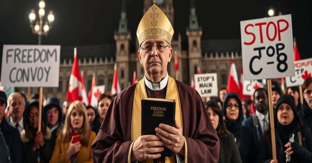 Tradycyjny biskup katolicki w szatach liturgicznych przemawia do obywateli protestujących przeciw ustawie C-8 przed kanadyjskim parlamentem.