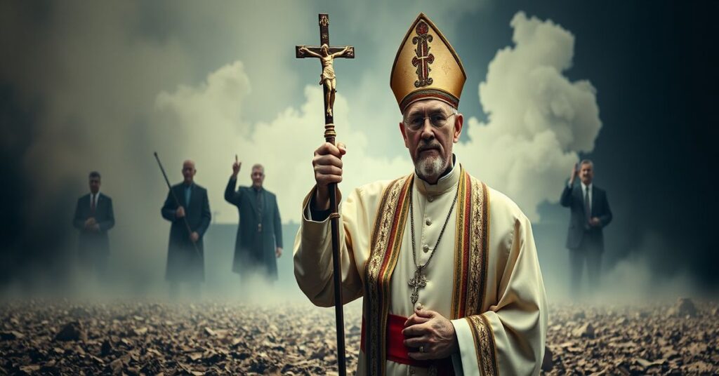 Biskup katolicki w tradycyjnych szatach liturgicznych stoi przed polem bitewnym ze wzniesionym krzyżem, symbolizując brak władzy Chrystusa w współczesnej dyplomacji.