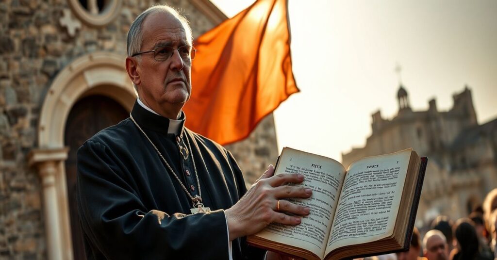 Katolicki biskup w tradycyjnych szatach stoi przed starym kościołem kamiennym, wyraźnie wyrażając poważny wypowiedź przed tłumem.