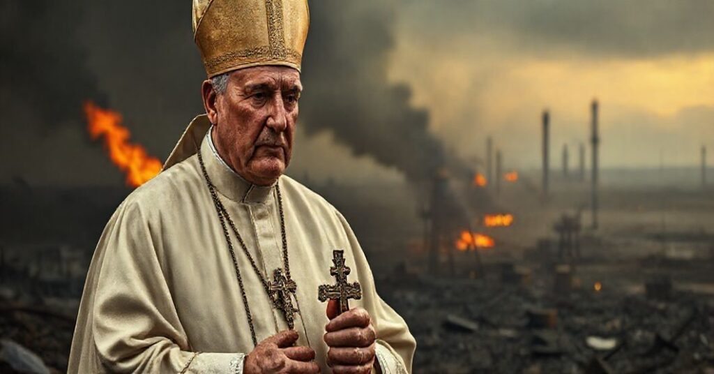 Biskup w tradycyjnym stroju stoi z krucyfiksem przed pogorzeliskiem wojennym, symbolizując duchową katastrofę i potrzebę nawrócenia.