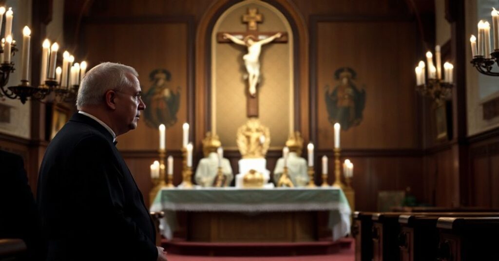 Katolicki biskup modli się w tradycyjnym kościele polskim, rozważając moralne implikacje polskiej pomocy wojskowej dla Ukrainy.