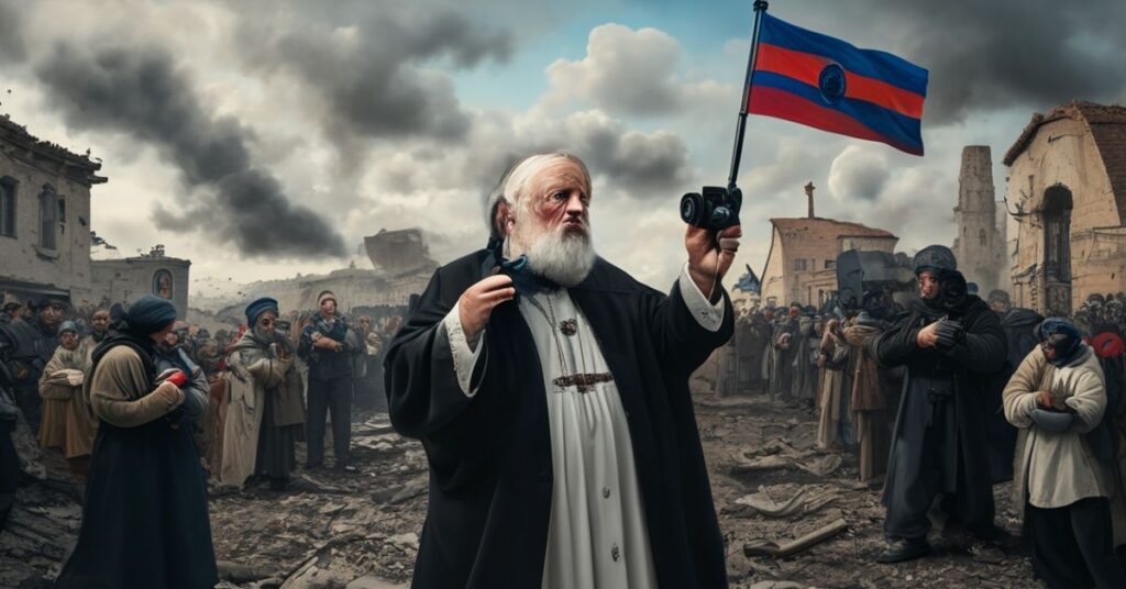 Tradycyjny katolicki obraz przedstawiający staruszka podobnego do "biskupa" Jana Sobilo stojącego wśród ruin zniszczonego ukraińskiego miasta z przerażonymi cywilami w tle.
