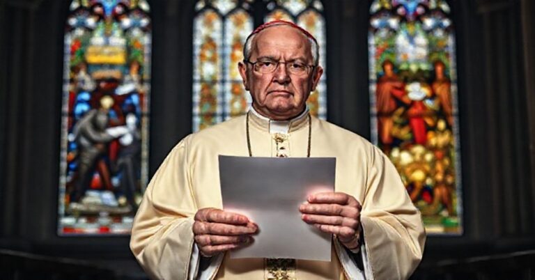 Sobór katolicki z tradycyjnymi szatami liturgicznymi przedstawia list sprzeciwiając się eutanazji na tle witraży z V Przykazaniem