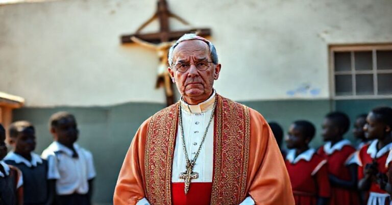 Katolicki biskup w tradycyjnych szatach liturgicznych stoi na placu szkolnym w Południowej Afryce, otoczony uczniami. Na tle wisząca krzyża jest zardzewiały i pochylony, symbolizujący upadek katolickiej doktryny.
