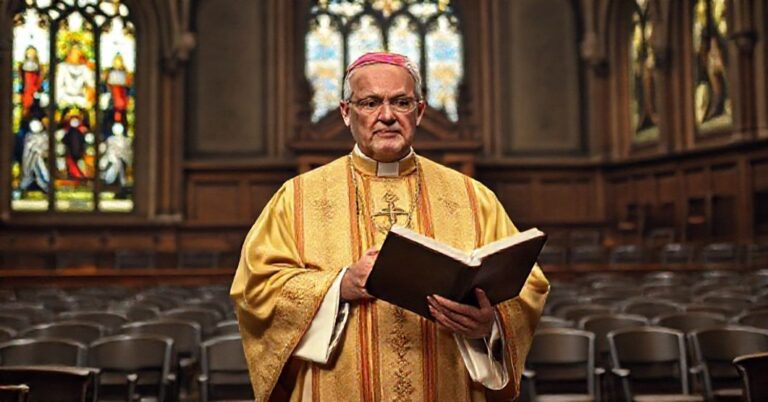 Sobór Traditionalistyczny katolicki biskup w tradycyjnych szatach liturgicznych przemawia do zaniepokojonej społeczności w starożytnej katedrze.