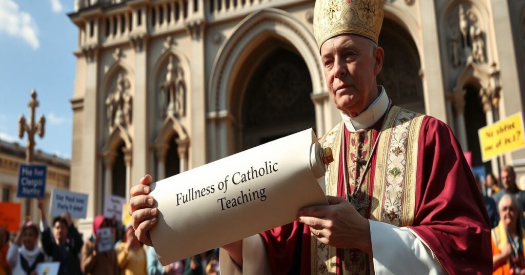 Catholicki biskup w tradycyjnym stroju biskupim stoi przed katedrą, trzymając zwoj z napisem 'Pełnia nauki katolickiej', podczas gdy migranci i aktywiści tworzą chaotyczną scenę w tle. Wyraz twarzy biskupa wyraża głęboką troskę.