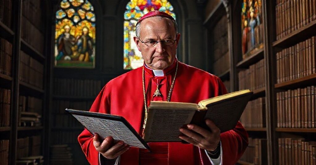 Prawdziwy katolicki biskup w tradycyjnym ubraniu stoi w starożytnej bibliotece pełnej starych Biblii, z poważnym wyrazem twarzy patrzący na nowoczesną tablet z zdeformowanym tekstem biblijnym.