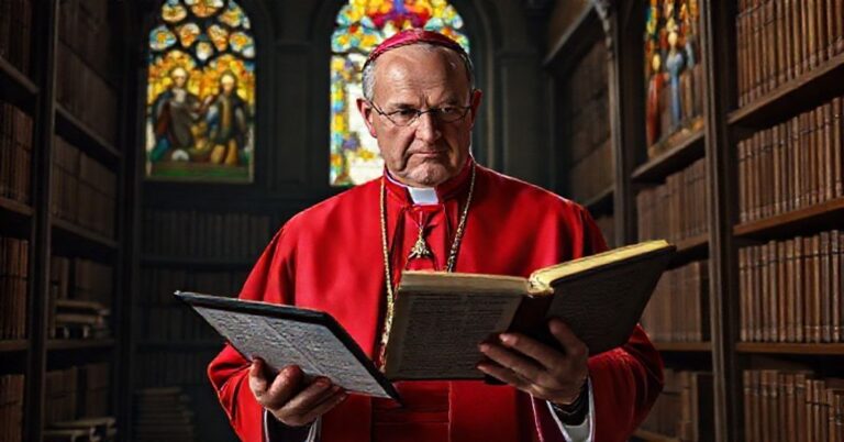 Prawdziwy katolicki biskup w tradycyjnym ubraniu stoi w starożytnej bibliotece pełnej starych Biblii, z poważnym wyrazem twarzy patrzący na nowoczesną tablet z zdeformowanym tekstem biblijnym.