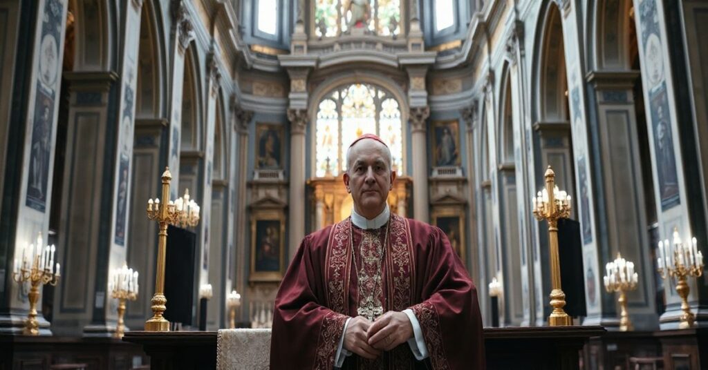 Kardynał w tradycyjnych szatach liturgicznych przy ołtarzu w katolickiej katedrze, wyraz powagi i wierności doktrynie katolickiej