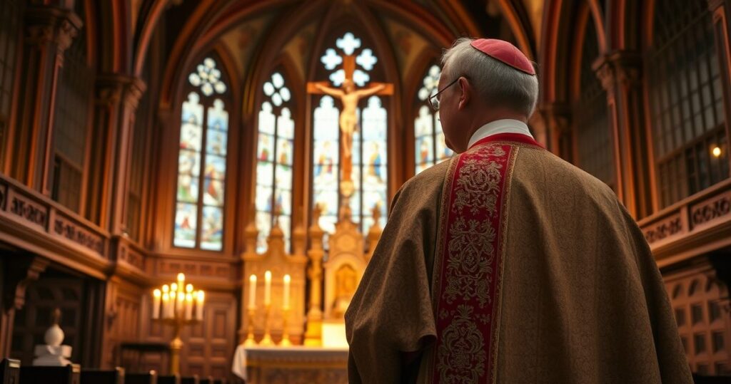 Realistyczne katolickie zdjęcie biskupa w tradycyjnych szatach przed ołtarzem, symbolizujące wierne wyznanie wiary i pobożność w duchu sedevacantismu.