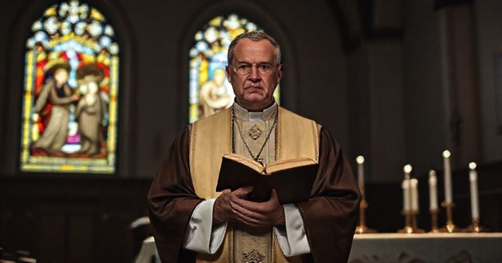 Katolicki biskup w tradycyjnym stroju liturgicznym w kaplicy z witrażem przedstawiającym Świętą Rodzinę.