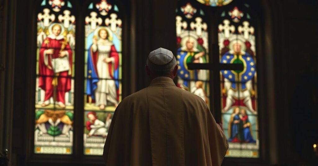 Katolicki biskup w tradycyjnych szatach liturgicznych trzyma krzyż w katedrze, patrząć na zdegradowaną Europę przez witraże z obrazem Chrystusa-Króla.