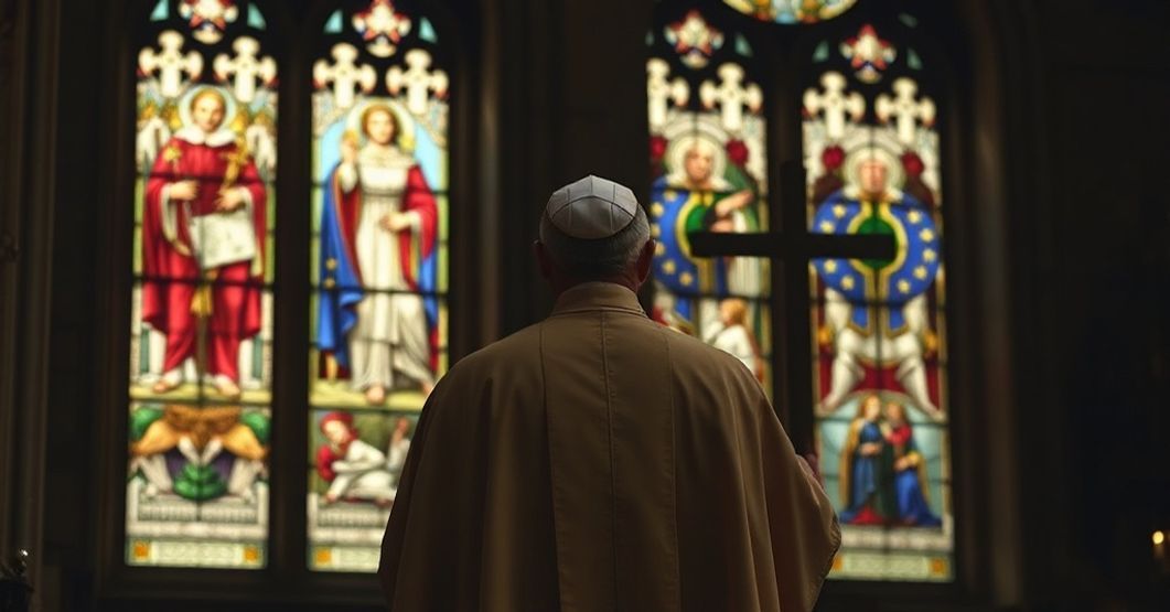 Katolicki biskup w tradycyjnych szatach liturgicznych trzyma krzyż w katedrze, patrząć na zdegradowaną Europę przez witraże z obrazem Chrystusa-Króla.