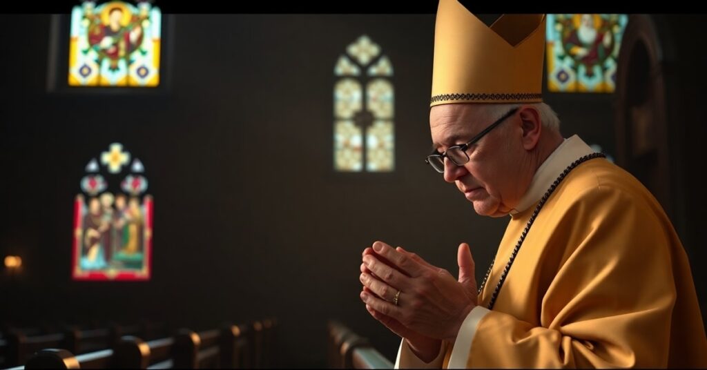 Tradycyjny katolicki biskup w modlitwie w ciemnym wnętrzu kościoła z witrażami
