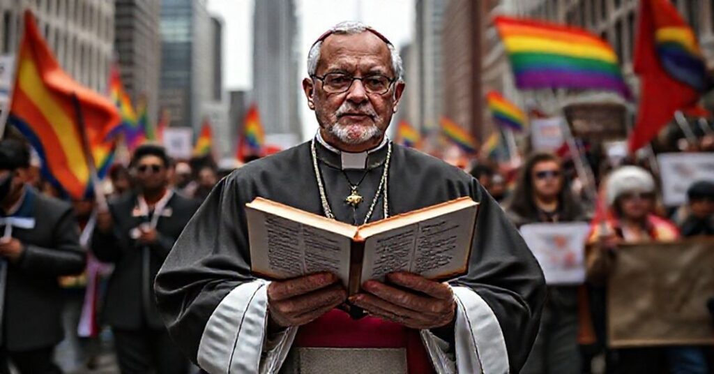 Katolicki biskup w pełnym stroju liturgicznym z Biblią w ręku przed tłem Nowego Jorku; protesty z flagami LGBTQ+ i socjalistycznymi na tle.