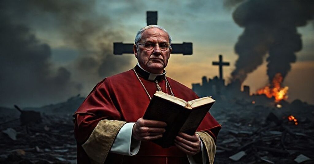 Tradycyjny katolicki biskup w pełnym ornacie liturgicznym stoi przed krzyżem na polu walki, symbolizując walkę z kartelami narkotykowymi zgodnie z nauką katolicką