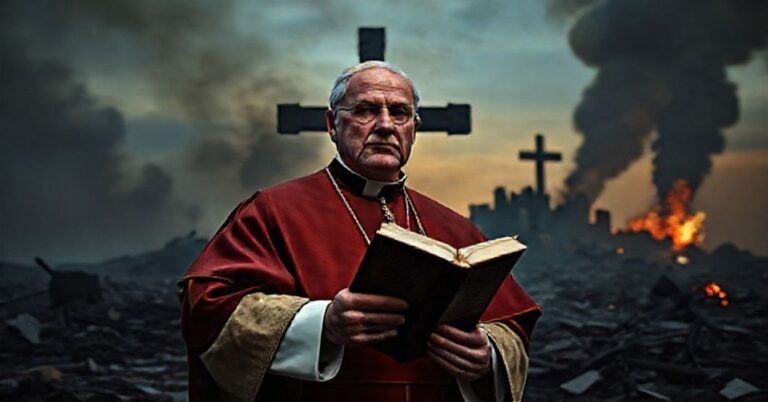 Tradycyjny katolicki biskup w pełnym ornacie liturgicznym stoi przed krzyżem na polu walki, symbolizując walkę z kartelami narkotykowymi zgodnie z nauką katolicką