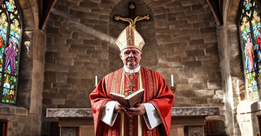 Tradycyjny katolicki biskup w pełnej stroju liturgicznym stoi przed marmurowym ołtarzem, trzymając zamkniętą kopię Biblii.