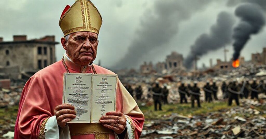 Biskup katolicki trzymający dokument "Quas Primas" w ruinach wojennych, symbolizujący brak moralnych kryteriów w dyplomacji