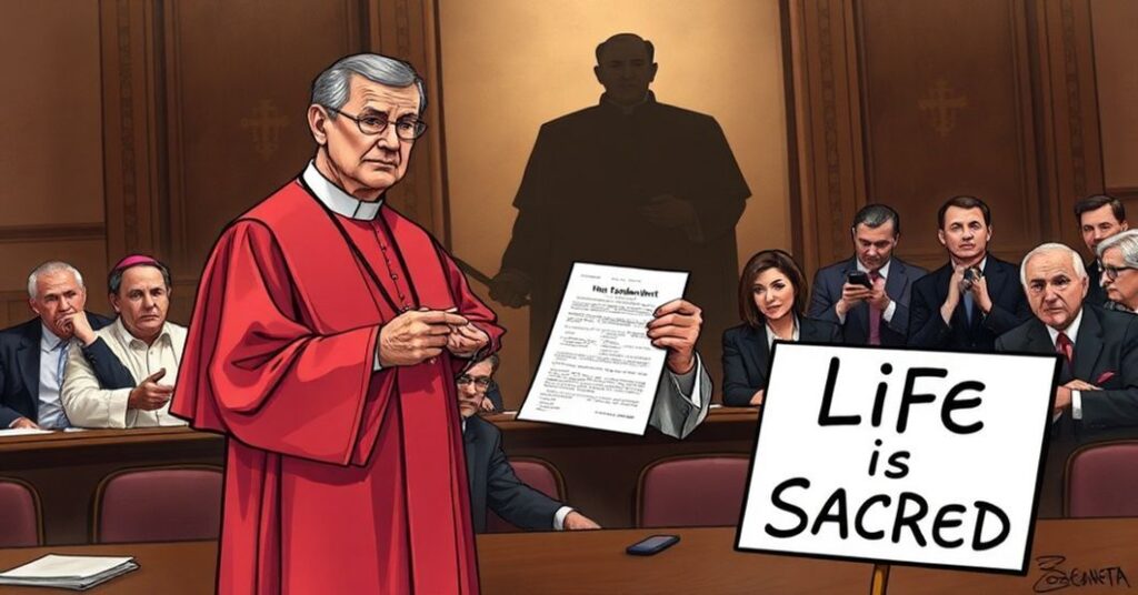 Prawdziwy biskup katolicki w tradycyjnych szatach stoi przed grupą modernistów i polityków w sali Senatu, trzymając dokument o subsydiach zdrowotnych. Scena jest poważna i symbolizuje konflikt między nauką katolicką a światowymi kompromisami.