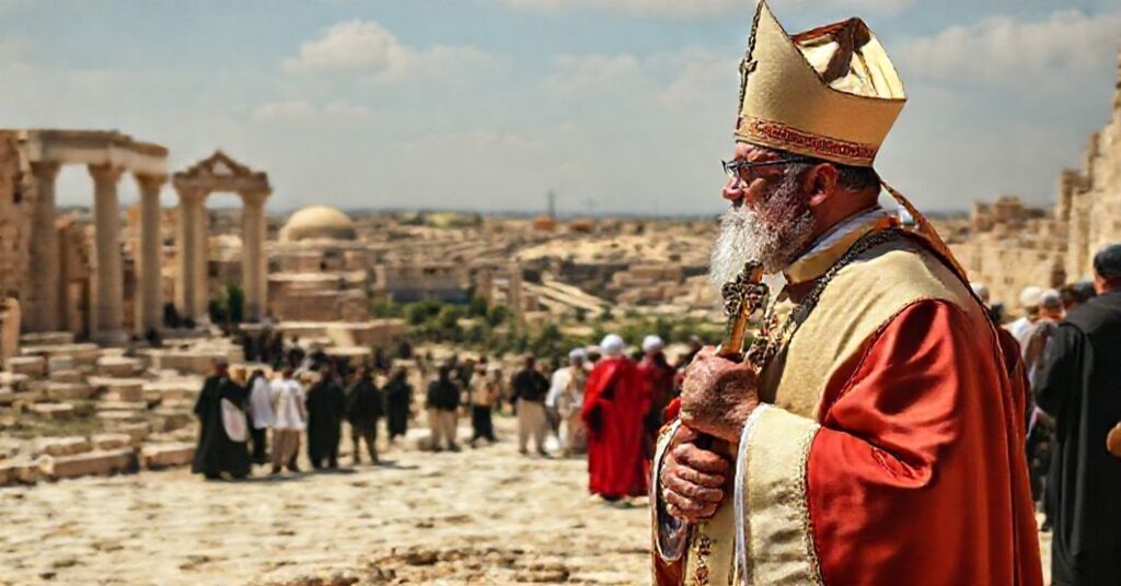 Sobór katolicki w tradycyjnych szatach liturgicznych stoi na Ziemi Świętej wśród starożytnych ruin i pielgrzymów. Biskup z poważną miną trzyma krzyż, patrząc na odległą strefę konfliktu. Obraz przekazuje pokorę, smutek i apel o duchowe rozwiązania ponad polityczne.