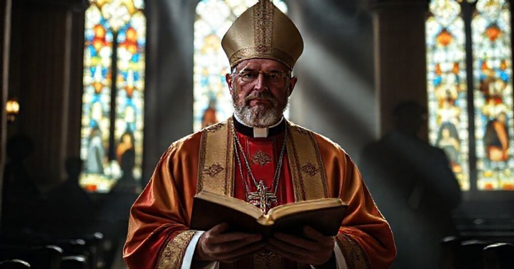 Katolicki biskup w pełnym stroju liturgicznym w kościele z promieniami słońca przez witraże, symbole schizmatycznych władz z Moskwy i Kijowa w tle.