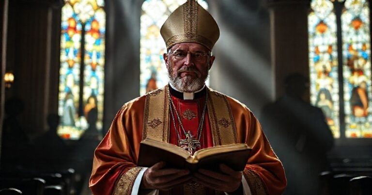 Katolicki biskup w pełnym stroju liturgicznym w kościele z promieniami słońca przez witraże, symbole schizmatycznych władz z Moskwy i Kijowa w tle.