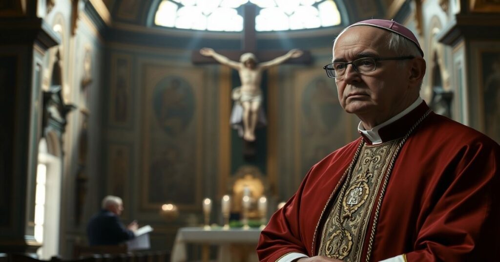 Tradycyjny katolicki biskup w pełnym stroju liturgicznym stoi przed krzyżem w ciemnej kaplicy, wyrażając smutek i troskę.