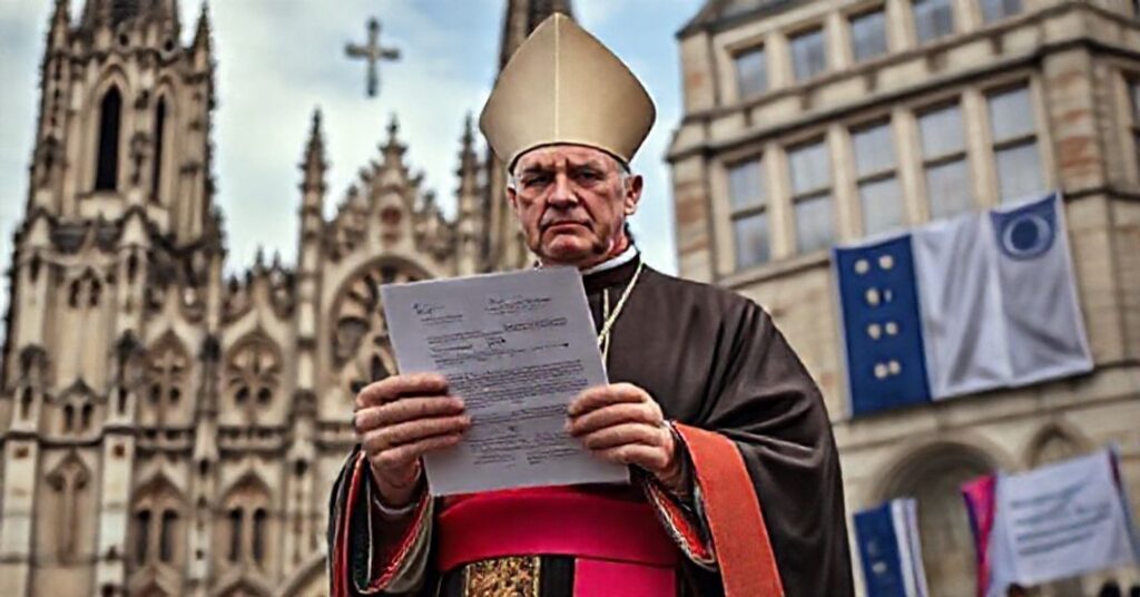 Tradycyjny katolicki biskup w ornatach stoi przed średniowiecznym katedrą, symbolizując konflikt między wiarą a współczesnymi prawami. Tło przedstawia budynek UE z subtelnymi transparentami protestowymi.