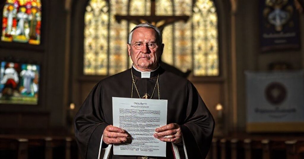 Biskup w tradycyjnych szatach kościelnych trzyma dekret USCCB zakazujący zabiegów transseksualnych w katolickich szpitalach.