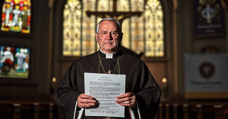 Biskup w tradycyjnych szatach kościelnych trzyma dekret USCCB zakazujący zabiegów transseksualnych w katolickich szpitalach.